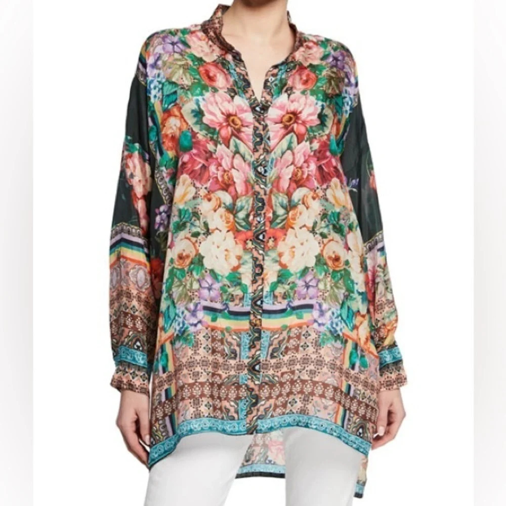 Johnny Was Floral Bethia Mixed-Print Button-Front Long-Sleeve Silk Georgette Top